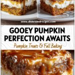 Gooey Better Than Anything Pumpkin Cake slice showing creamy layers and caramel topping on a white plate.